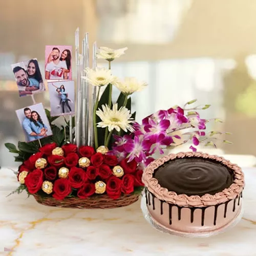 Beautiful Flowery Chocolaty N Personalized Picture Basket with Chocolate Cake