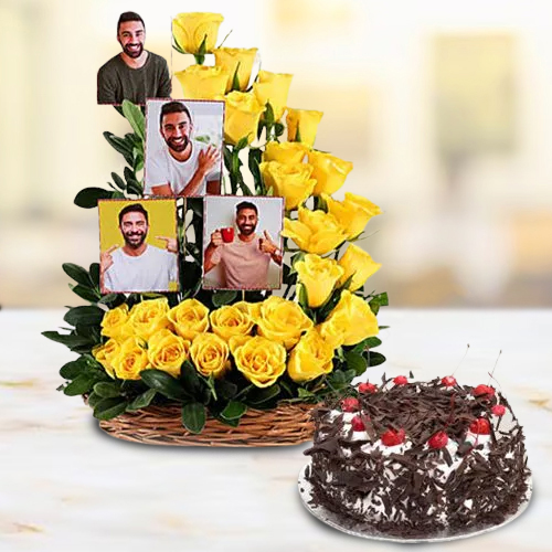 Vibrant Yellow Roses n Personalized Photo Basket with Black Forest Cake