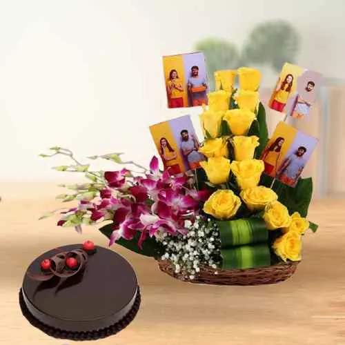 Radiant Mixed Flowers n Personalized Photo Basket with Truffle Cake