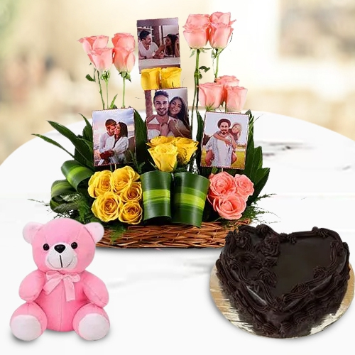 Impressive Roses N Personalized Photo Basket with Love Cake n Cute Teddy