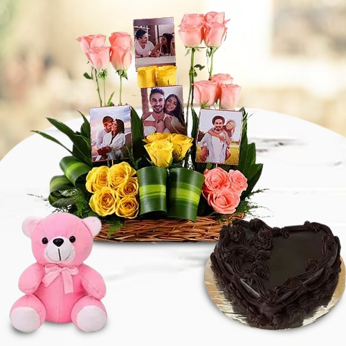 Send Roses N Personalized Photo Basket with Love Cake n Cute Teddy