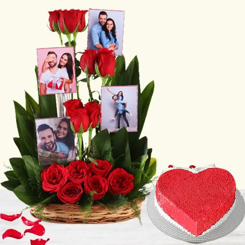 Splendid Love Combo of Red Roses N Personalized Photo Basket with Love Red Velvet Cake