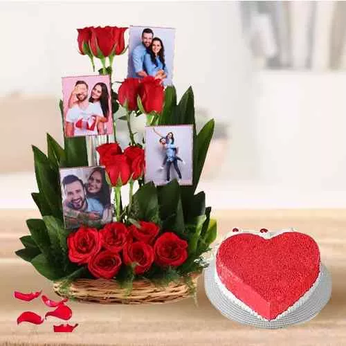 Hearty Red Velvet Cake with Roses and Personalized Photo Basket