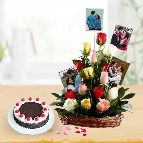 Lovely Gift of Mixed Roses N Personalized Photo Basket with Black Forest Cake