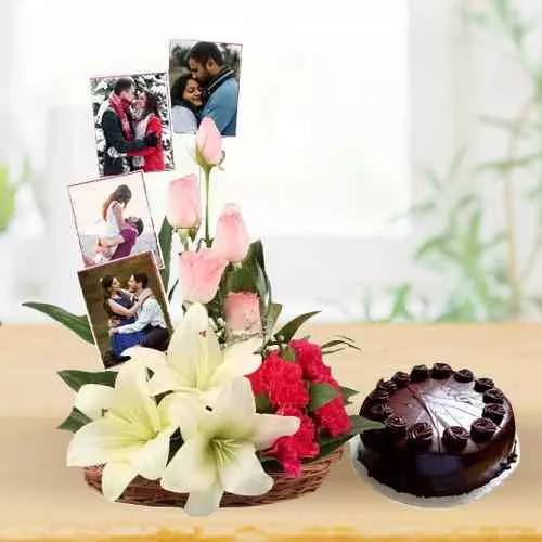 Radiant Combo of Mixed Roses N Personalized Photo Basket with Chocolate Cake