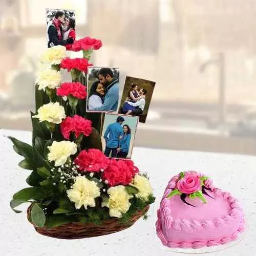 Stunning Mixed Carnations and Personalized Photo Basket with Love Strawberry Cake