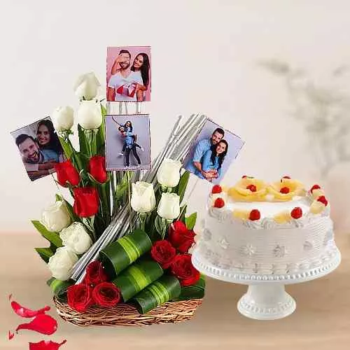Enigmatic Combo of Personalized Photo n Mixed Roses Basket with Pineapple Cake