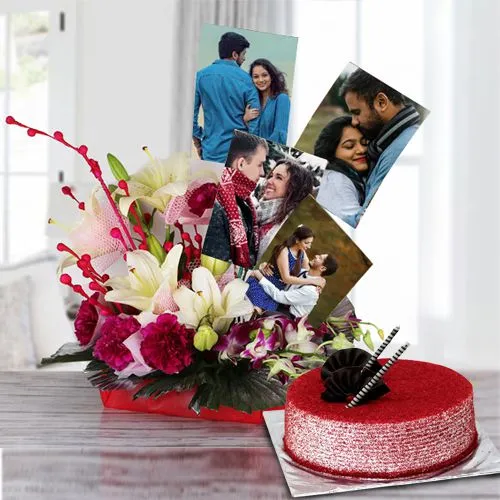 Special Love Basket of Mixed Flowers n Personalized Photo with Red Velvet Cake