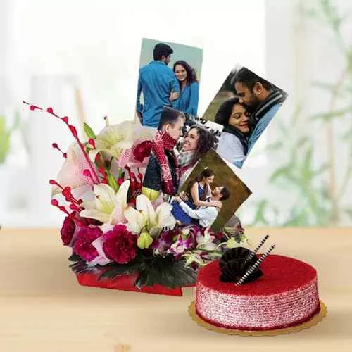 Special Basket of Mixed Flowers n Personalized Photo with Red Velvet Cake