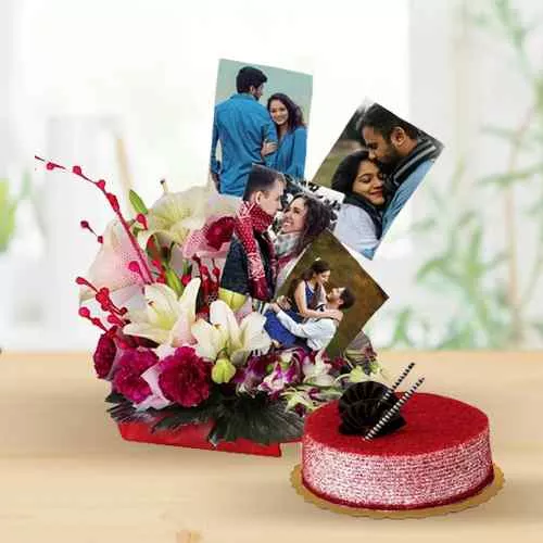 Splendid Personalized Picture n Mixed Flowers Basket with Red Velvet Cake