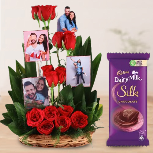 Send Arrangement of Red Roses n Personalized Pics with Cadbury Silk