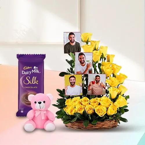 Deliver Roses n Personalized Photos Basket with Teddy and Cadbury Silk