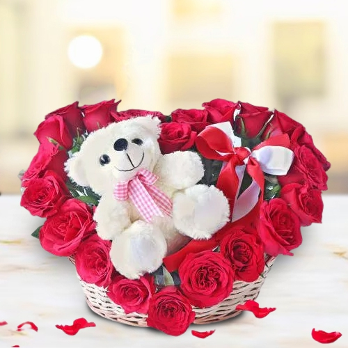 Admirable Teddy n Heart Shape Red Roses in Cane Basket