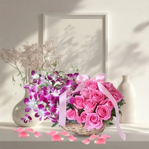 Color of Love Pink Roses n Purple Orchids Basket