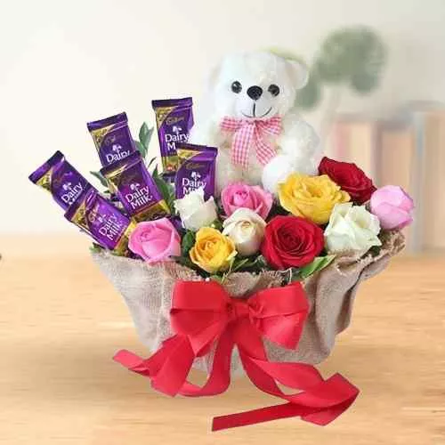 Delightful Mixed Roses Cadbury Chocolate n Soft Teddy Basket