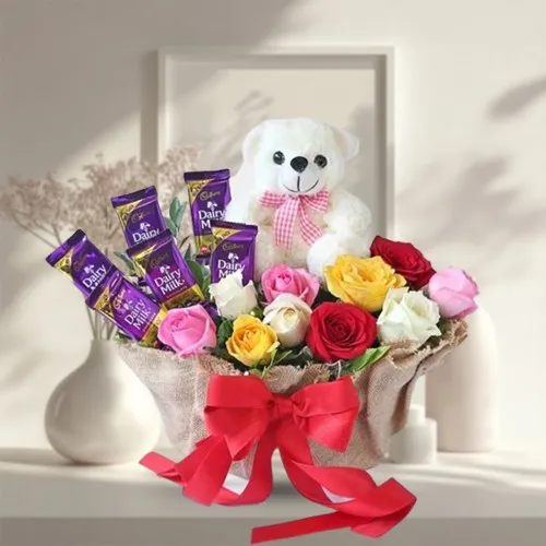 Delightful Mixed Roses, Cadbury Chocolate n Soft Teddy Basket