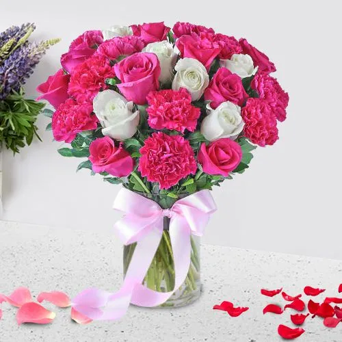 Elegant Display of Red Rose n Carnations in Glass Vase Elegant Display of Red Rose n Carnations in Glass Vase