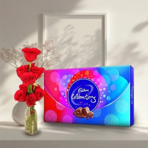 Lovely Red Roses in Vase N Cadbury Celebrations Gift Duo