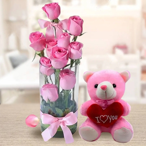 Sweet Cuddly Teddy with Heart and Pink Roses in Vase Gift Combo