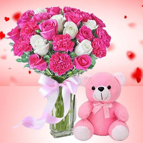 Impressive Selection of Roses n Carnations in Vase with Lovely Teddy