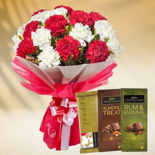 Classy Red n White Carnations Bunch with Cadbury Temptation