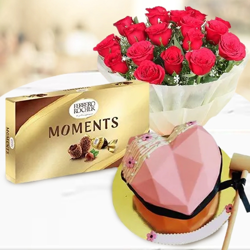 Hearty Strawberry Pinata Cake Rose Bouquet n Ferrero Moments Gift Combo