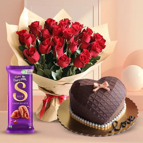 V day Gift of Roses Bouquet Chocolaty Heart Hammer Cake n Cadbury Silk