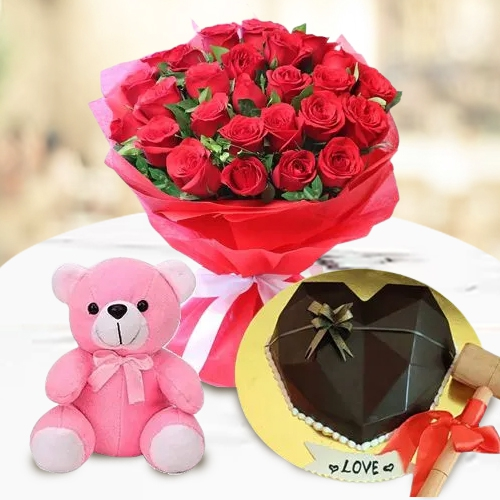 Lovely Combo of Red Roses Bouquet Chocolaty Heart Smash Cake n Teddy