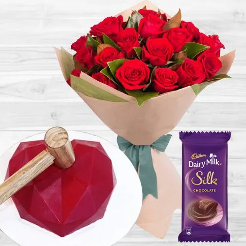 Lovely Roses Bouquet, Red Heart Pinata Cake n Cadbury Silk Gift Combo	