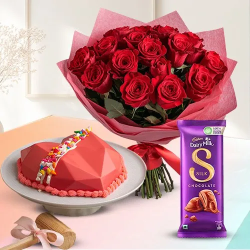 Lovely Roses Bouquet, Red Heart Pinata Cake n Cadbury Silk Gift Combo	