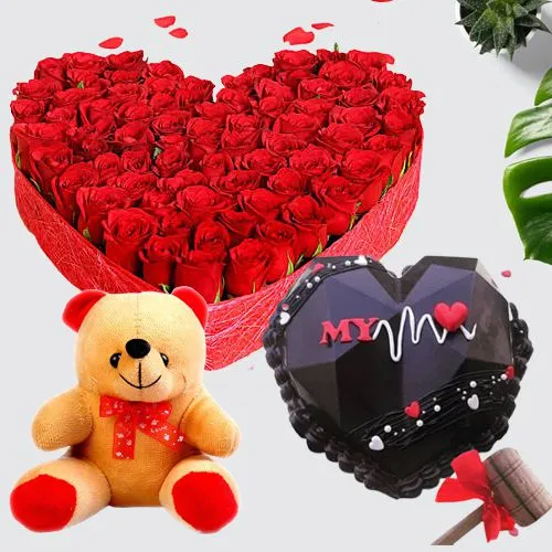 Rosy Heart Bouquet My Lifeline Chocolate Heart Pinata Cake n Teddy Combo