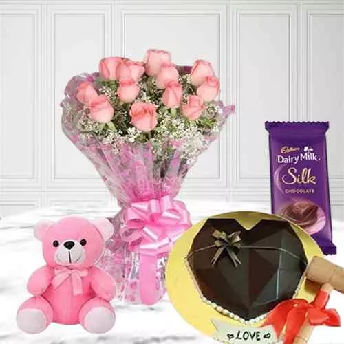 Romantic Gift of Chocolaty Love Smash Cake, Pink Rose Bouquet, Cadbury Silk n Teddy