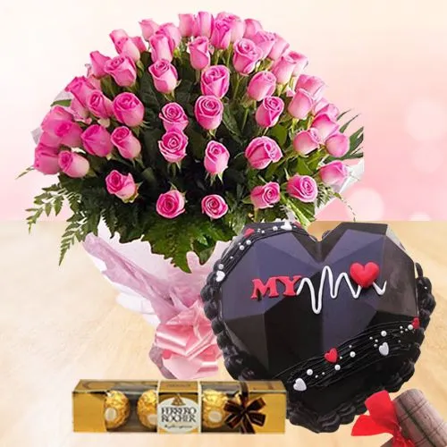 Spellbinding Chocolate Heart Pinata Cake Pink Rose Bouquet n Ferrero Rocher Combo