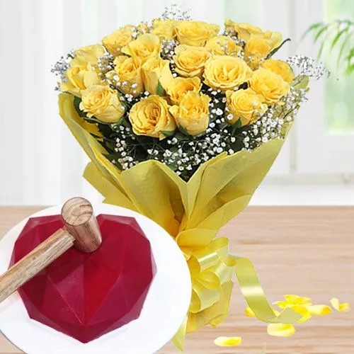 Loving Heart Hammer Cake n Yellow Rose Bouquet Gift Combo