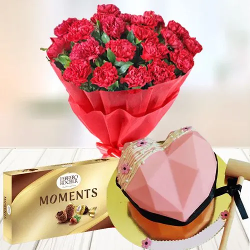 Delightful Gift of Carnations Bouquet, Love Hammer Cake and Ferrero Moments	