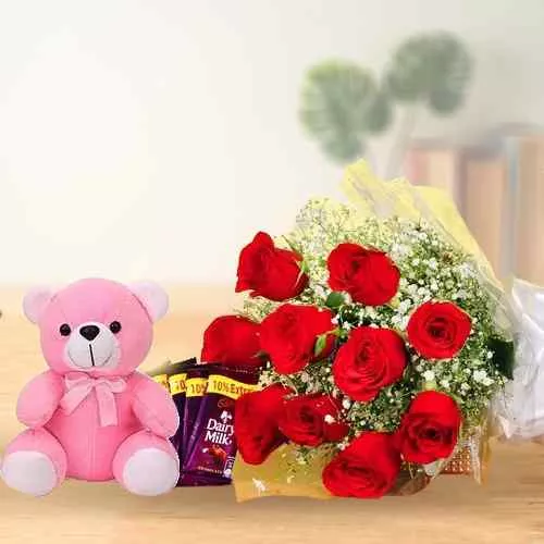 Valentine Mood Red Roses Bouquet Soft Teddy and Cadbury Chocolate Gift Combo