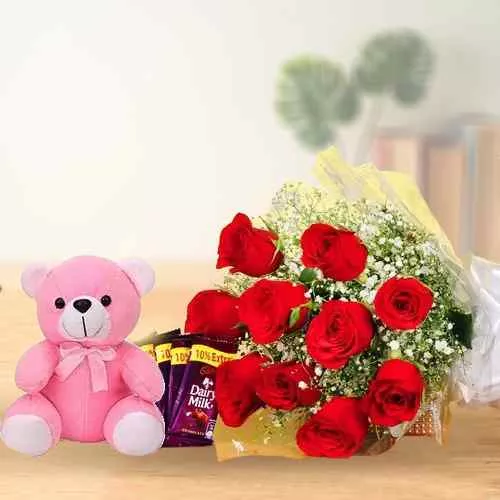 Valentine Mood Red Roses Bouquet, Soft Teddy and Cadbury Chocolate Gift Combo