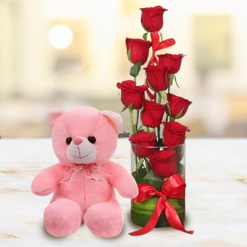 Lovers Choice Red Roses in Vase n Adorable Teddy Gift Combo