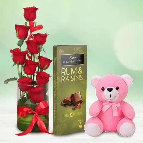 Wonderful Vase Display of Red Roses with Cadbury Temptation n Love Teddy