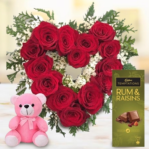 Superb Heart Shape Arrangement of Red Roses Cadbury Temptation n Adorable Teddy