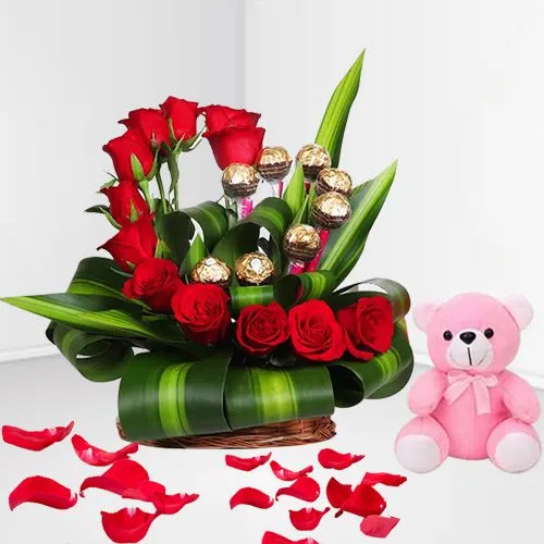 Lovely Red Roses n Ferrero Rocher Heart Shape Bunch with Adorable Teddy