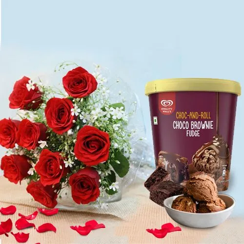 Moment of Love Combo of Red Rose Bouquet n Kwality Walls Brownie Fudge Ice Cream