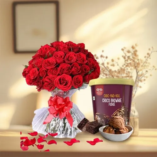 Moment of Love Combo of Red Rose Bouquet n Kwality Walls Brownie Fudge Ice Cream