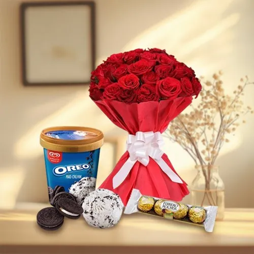 Yummy Kwality Walls Oreo Ice Cream N Ferrero Rocher with Red Roses Bouquet