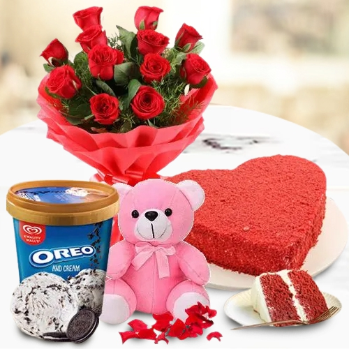 Awesome Selection of Kwality Walls Oreo Ice Cream with Roses Heart Cake n Teddy