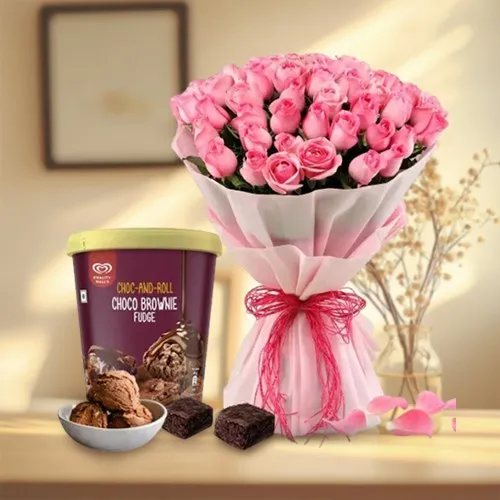 Lovers Special Kwality Walls Brownie Fudge Ice Cream n Pink Rose Bouquet