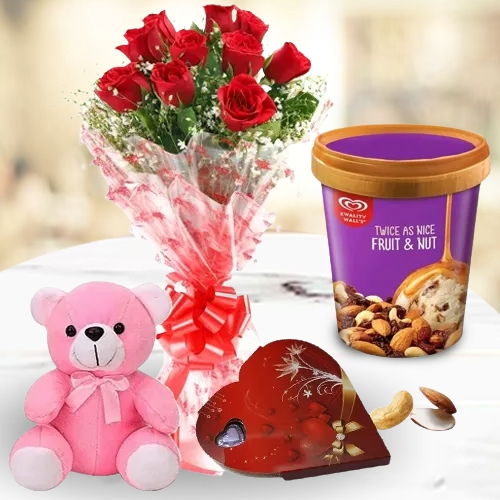 Forever in Love Roses, Kwality Walls Ice Cream, Teddy n Handmade Chocolate Combo