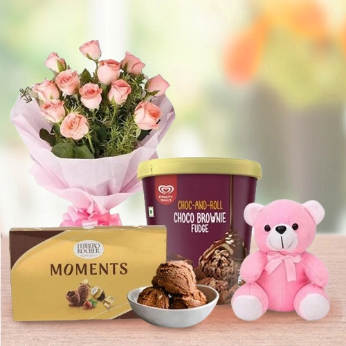 Lovely Pink Roses n Kwality Walls Choco Fudge Ice Cream with Ferrero Moments N Teddy