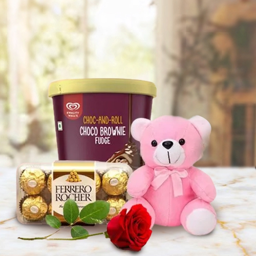 Tasty Kwality Walls Brownie Fudge Ice Cream, Ferrero Rocher n Teddy with Single Rose