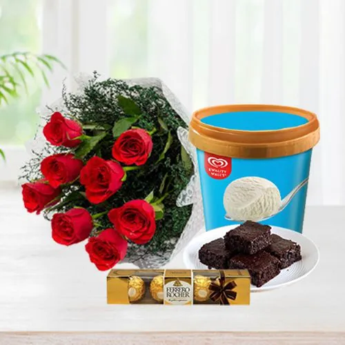 Glamorous Roses with Kwality Walls Vanilla Ice Cream Brownie N Ferrero Rocher